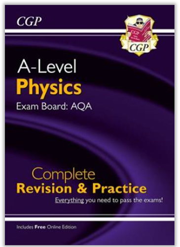 Cover of a revision and practice book for A-Level Physics tailored to AQA exam board, designed to support exam preparation. Features purple background with yellow and white text, CGP logo at top right, and highlights inclusion of free online edition.