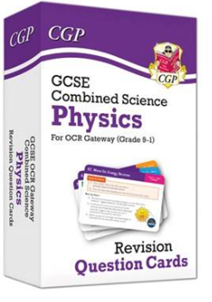 Photograph of a boxed set of GCSE Combined Science Physics revision question cards for OCR Gateway (Grade 9-1) by CGP. The box features purple and white colours, CGP logo, and a visible sample card highlighting key physics concepts for exam preparation.