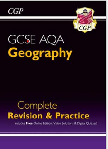Cover of a GCSE AQA Geography revision and practice book by CGP, designed for students preparing for exams. Features a dark purple background with yellow and white text, highlighting free online edition, video solutions, and digital quizzes.