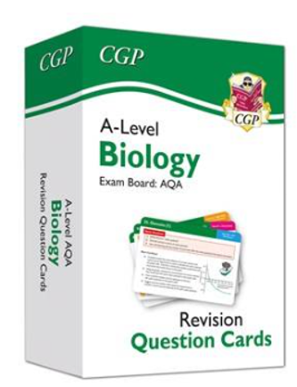 Photograph of a box set containing A-Level Biology revision question cards for exam board AQA by CGP. The box is predominantly white and green, featuring an image of sample question cards with colour-coded tabs for different topics.