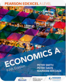 Cover of an Economics A Level textbook featuring a colourful aerial photograph of market stalls with vibrant canopies in shades of blue, purple, red, orange, and green. Title "ECONOMICS A" is prominently displayed in white text on a blue diagonal banner, with authors Peter Smith, Peter Davis, and Marwan Mikdadi listed below.