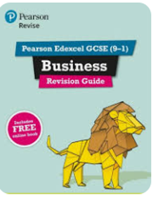 Photograph of a book cover for Pearson Edexcel GCSE (9–1) Business Revision Guide. Cover features a geometric yellow lion illustration on a light blue background with text highlighting inclusion of a free online book.