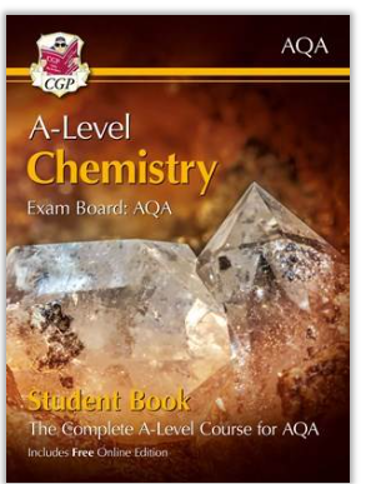 Cover of a textbook titled "A-Level Chemistry" for AQA exam board, featuring a close-up photograph of clear quartz crystals with brown mineral inclusions. Design includes CGP logo at top left, gold and white text, and mentions "Student Book" and "Includes Free Online Edition" at bottom.