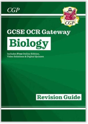 Cover of a revision guide for GCSE OCR Gateway Biology, designed for students preparing for exams. Features dark green background with white and green text, CGP logo in top right corner, and mentions free online edition, video solutions, and digital quizzes.