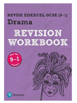 Cover of a revision workbook designed for Edexcel GCSE (9-1) Drama exams, featuring a purple background and a decorative theatrical mask illustration. Key elements include bold white text for the title, a red circular label indicating suitability for 9-1 exams, and Pearson publisher logo at the bottom