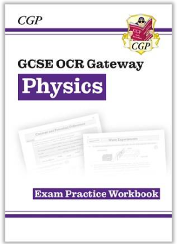 Cover of a GCSE OCR Gateway Physics exam practice workbook by CGP, featuring a white background with purple accents and the CGP logo at the top right. The design includes faint images of worksheet pages and bold purple text highlighting "Physics" and "Exam Practice Workbook."