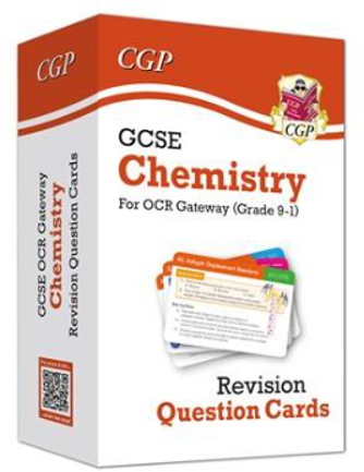 Photograph of a boxed set of CGP GCSE Chemistry Revision Question Cards designed for OCR Gateway (Grades 9-1). The box features a red and white colour scheme with a small stack of sample question cards shown on the front, highlighting its use as a study aid for exam preparation.