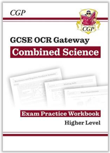 Cover of a GCSE OCR Gateway Combined Science exam practice workbook designed for higher-level students. Features CGP branding with maroon and gold accents, including a crest with a skull and books, and displays sample pages faintly in the background.