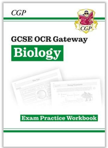 Cover of a workbook designed for GCSE OCR Gateway Biology exam practice, featuring a clean layout with green and black text on a white background. Includes CGP logo with a crest and faint images of biology worksheets in the background, emphasising study and revision focus.