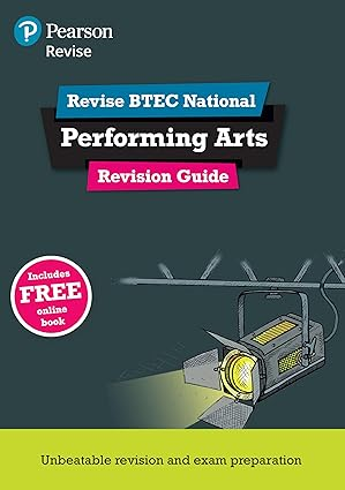 Cover of a revision guide for BTEC National Performing Arts, designed for exam preparation and revision. Features a spotlight graphic shining light to the right, with bold text in blue, black, and pink blocks, and a yellow banner at the bottom highlighting free online book inclusion.