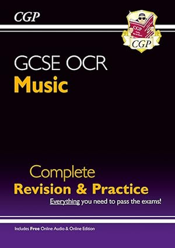 Cover of a revision and practice book for GCSE OCR Music by CGP, designed to help students prepare for exams. Features bold yellow and white text on a black background with CGP logo and mentions free online audio and edition included.