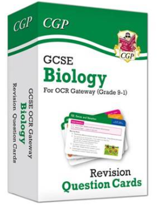Photograph of a box set of GCSE Biology revision question cards designed for OCR Gateway (Grade 9-1). Box features green and white colours with CGP branding and a visible stack of colourful question cards highlighting key topics for exam preparation.