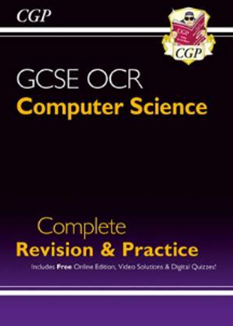 Cover of a GCSE OCR Computer Science revision and practice book by CGP, featuring a black and purple background with yellow and white text. Includes mention of free online edition, video solutions, and digital quizzes, with CGP logo in top right corner.