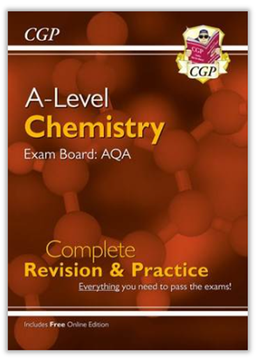Cover of a revision and practice book for A-Level Chemistry, tailored to AQA exam board specifications. Features a brown background with molecular structure graphics, yellow and white text, and CGP branding including a logo with a cartoon character holding books.