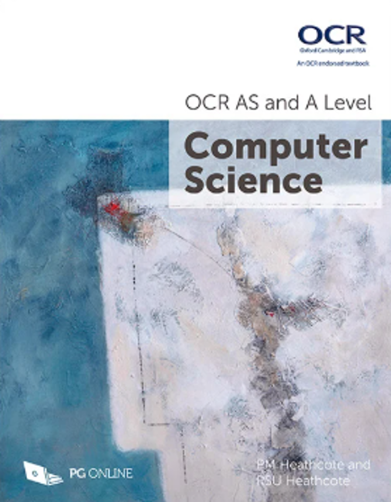 Cover page of a textbook for OCR AS and A Level Computer Science featuring abstract artwork with blue and grey tones. Title and authors' names are displayed alongside OCR and PG Online logos.