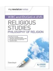 Photograph of a book cover titled "WJEC and EDUQAS A Level Religious Studies Philosophy of Religion" by Clare Lloyd. Cover features a blue sky with white clouds and a syringe at the bottom left, suggesting themes of science or medicine intersecting with philosophy of religion.
