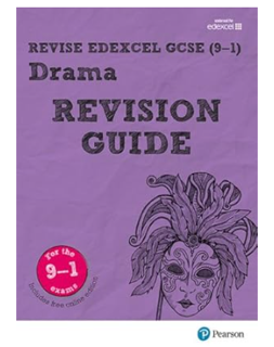 Cover of a revision guide for Edexcel GCSE (9-1) Drama, designed to support exam preparation. Features purple background, bold black text, a decorative theatrical mask illustration, and a pink circular label indicating inclusion of online videos.