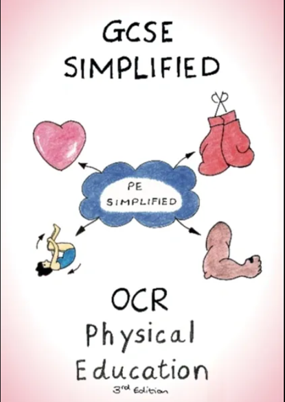 Diagram illustrating simplified GCSE OCR Physical Education concepts with a central cloud labelled "PE Simplified" connected by arrows to four icons: a heart, boxing gloves, a person performing a gymnastic move, and a flexed arm muscle. The diagram uses hand-drawn style with black text and coloured illustrations to represent key physical education themes such as health, sports, fitness, and strength.