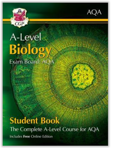 Cover of a textbook for A-Level Biology exam board AQA, published by CGP. Features a detailed, circular microscopic image of a plant stem cross-section in green and yellow tones, with text highlighting it as a complete student book including a free online edition.