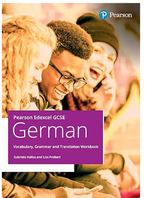 Cover photograph of three smiling young people engaging with a mobile phone, suggesting a social and interactive learning environment. Features a purple text box with title "Pearson Edexcel GCSE German" and subtitle "Vocabulary, Grammar and Translation Workbook" by Gabriela Hallas and Lisa Probert, alongside Pearson logo