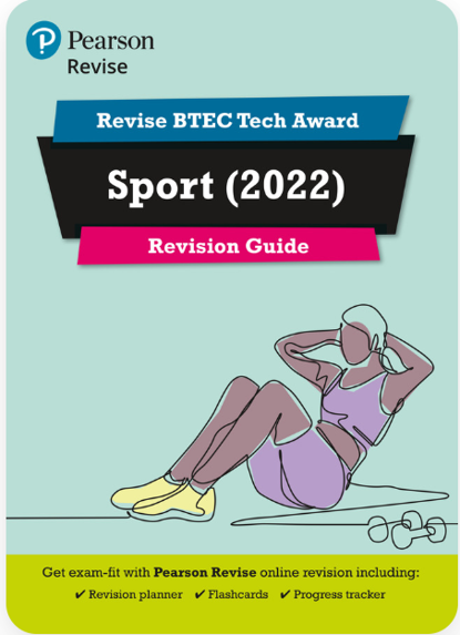 over design for a revision guide titled "Revise BTEC Tech Award Sport (2022)" by Pearson Revise, featuring an illustration of a person exercising with dumbbells. The layout includes bold coloured banners in blue, black, and pink with text, and a yellow footer highlighting online revision tools such as a revision planner, flashcards, and progress tracker.