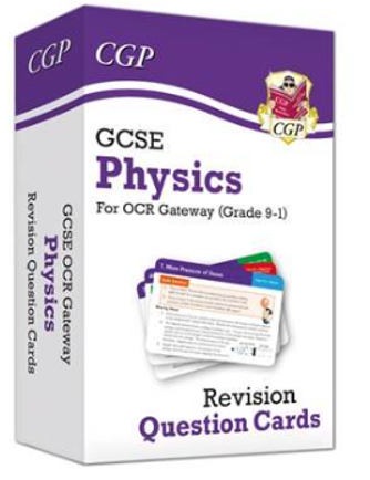 Photograph of a boxed set of GCSE Physics revision question cards designed for OCR Gateway (Grade 9-1). The box features purple and white colours, CGP branding, and an image of sample question cards highlighting key physics topics for exam preparation.