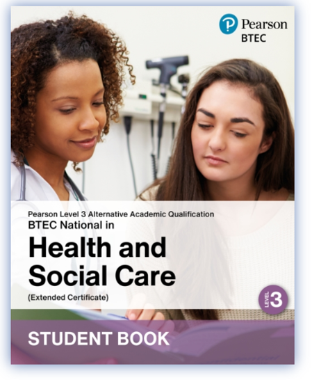 Cover of a student book for Pearson Level 3 BTEC National in Health and Social Care, featuring two young women in a clinical setting with medical equipment in the background. The design includes Pearson BTEC logo, bold black and purple text highlighting qualification details, and a purple banner indicating Level 3 statu