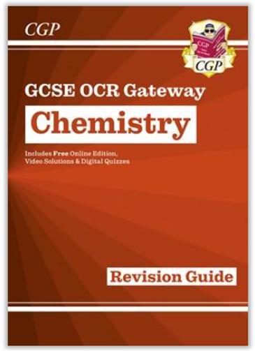 Cover of a revision guide for GCSE OCR Gateway Chemistry, featuring a dark orange background with white and orange text. Includes branding elements such as CGP logo and mentions of free online edition, video solutions, and digital quizzes.