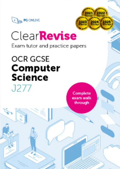 Cover page of a study guide for OCR GCSE Computer Science J277, titled "ClearRevise Exam tutor and practice papers" by PG Online. Features gold award badges for years 2021 to 2025, a pink circle highlighting "Complete exam walk through," and a blue-toned illustration of people working with computers and technology.