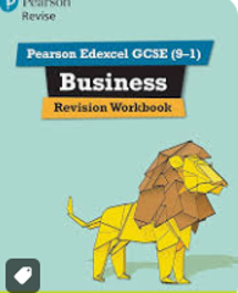 Cover of a revision workbook for Pearson Edexcel GCSE (9–1) Business, featuring a stylised yellow origami lion on a light blue background. Title text includes "Pearson Edexcel GCSE (9–1)" in a blue box, "Business" in bold black, and "Revision Workbook" in an orange banner.