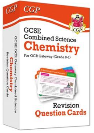 Photograph of a box set of GCSE Combined Science Chemistry revision question cards for OCR Gateway (Grade 9-1). Box features red and black text, CGP logo with a cartoon owl, and an image of sample question cards displaying colourful headers and chemistry-related content.