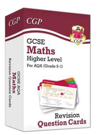 Photograph of a box set containing GCSE Maths Higher Level revision question cards for AQA (Grade 9-1). Box features maroon and white design with CGP logo, showing sample question cards with coloured tabs and mathematical problems.