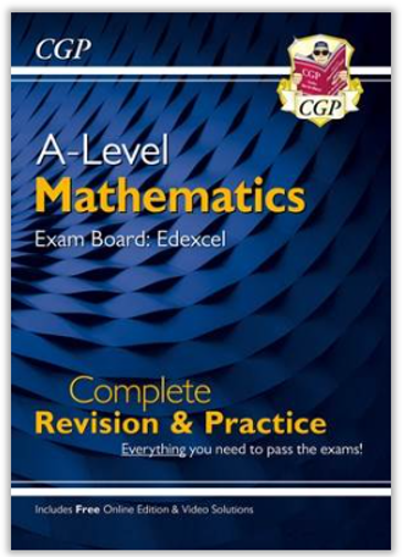 Cover of a revision and practice book for A-Level Mathematics tailored to Edexcel exam board. Features dark blue textured background, CGP logo with a cartoon character, and highlights "Complete Revision & Practice" with additional note on free online edition and video solutions.