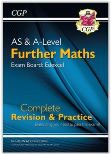 Cover of a revision guide for AS & A-Level Further Maths, specifically for Edexcel exam board. Features bold yellow and white text on a blue gradient background with CGP logo and mentions free online edition and comprehensive practice content.