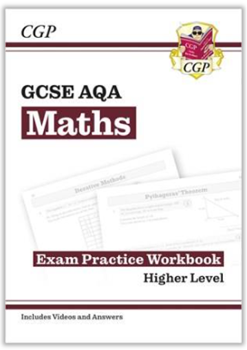 Cover of a GCSE AQA Maths exam practice workbook designed for higher-level students, published by CGP. Features maroon and black text with a CGP logo in the top right corner and faint images of worksheet pages in the background.