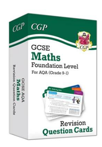 Photograph of a boxed set of GCSE Maths Foundation Level revision question cards for AQA (Grade 9-1) by CGP. Box features green and white design with CGP logo and an image of sample question cards displaying maths problems and solutions.